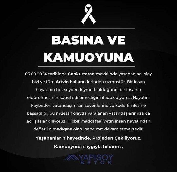 Hopa Cankurtaran mevkiinde ağaç kesimini engellemek isteyen halka ateş açan ve Reşit Kibar'ı öldürenlerin çalıştığı Yapısoy Beton, projeden çekildiğini açıkladı.

Kocaeli'nde AKP'lilere, belediyelere ve bazı eski bakanlara kadar uzanan bir çıkar ağının parçası olduğu iddia edilen