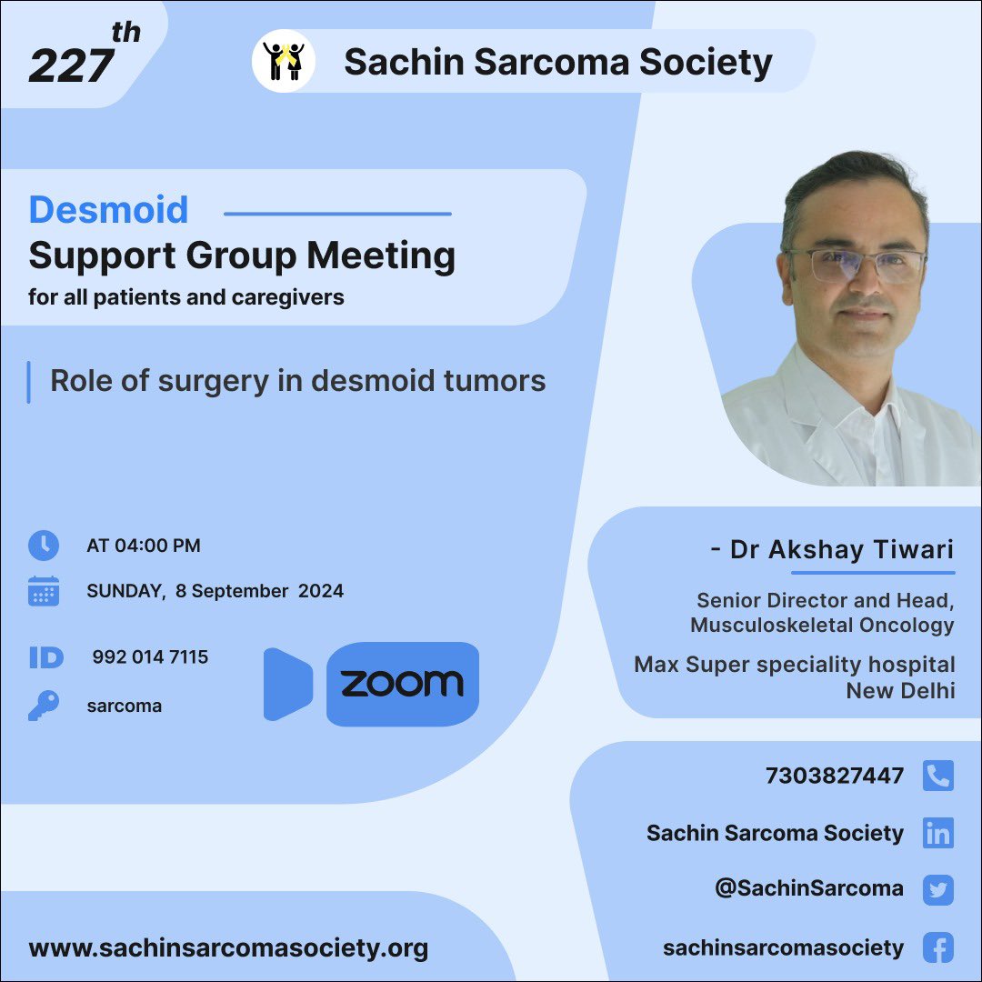 Sachin Sarcoma Society (@sachinsarcoma) on Twitter photo Organising 227 th #desmoid #supportgroup meeting and an #educational session by <a href="/DrAkshayTiwari1/">Dr Akshay Tiwari</a> on Role of #Surgery in #DesmoidTumors on this Sunday.
#awareness #education #companionship #desmoidawarenessmonth Organising 227 th #desmoid #supportgroup meeting and an #educational session by <a href="/DrAkshayTiwari1/">Dr Akshay Tiwari</a> on Role of #Surgery in #DesmoidTumors on this Sunday.
#awareness #education #companionship #desmoidawarenessmonth