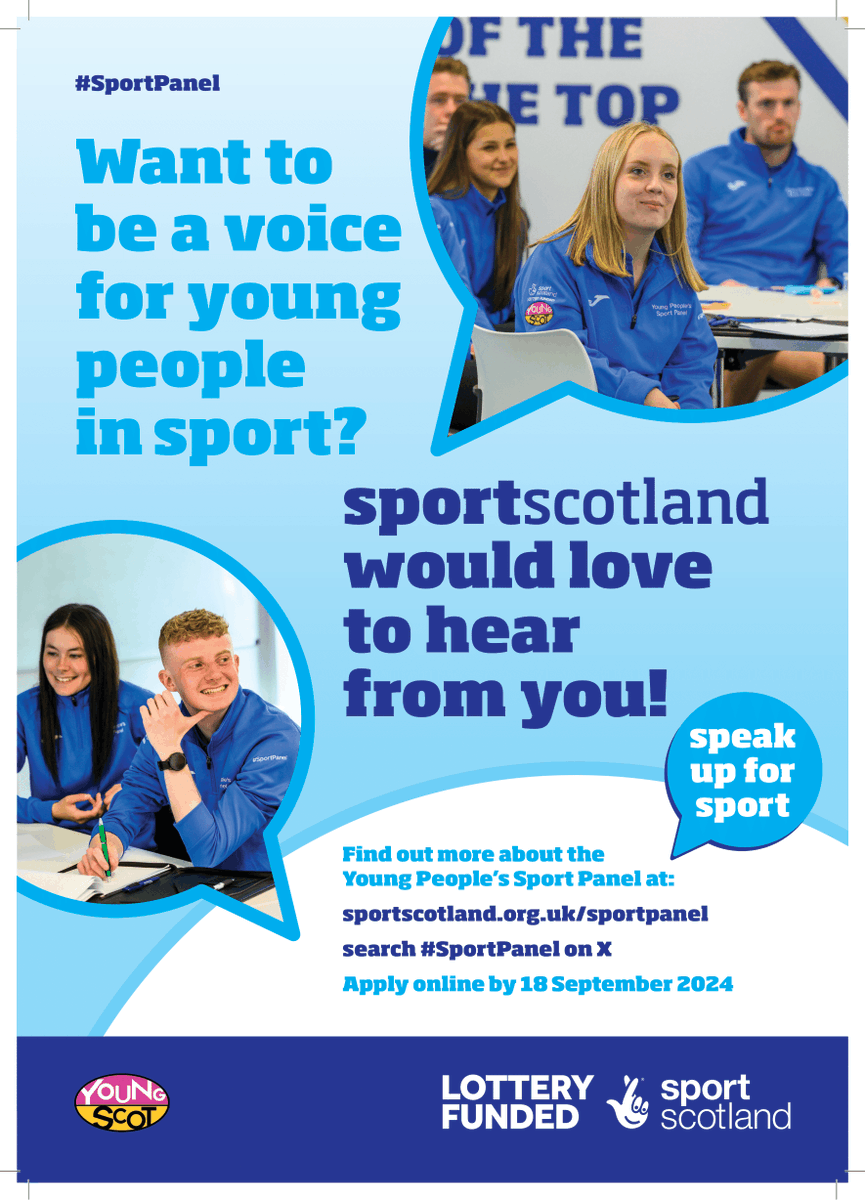 Applications for the Young People's #SportPanel 2025/26 are now open!

Do you know a young person who is passionate about sport &amp; physical activity and wants to make a difference?

Find out about this exciting opportunity from <a href="/sportscotland/">sportscotland</a> <a href="/YoungScot/">Young Scot</a> 👇 
sportscotland.org.uk/sportpanel