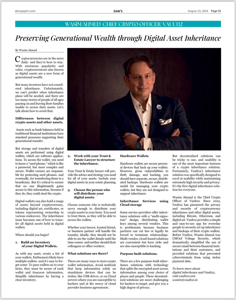 _vault12_'s tweet image. Preserving generational wealth through crypto inheritance wherever you happen to be.

From @_vault12_ the pioneers of crypto inheritance. 

Thanks #DansPapers and #HamptonsMasterminds for highlighting this increasingly important topic.
#CryptoInheritance #BitcoinInheritance…