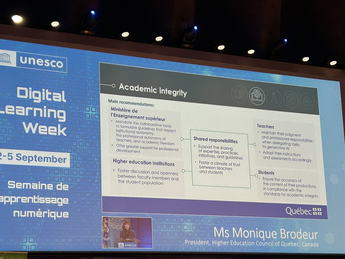 Good to see academic integrity highlighted as a priority in Quebec’s report on GenAI in HE and framed as a shared responsibility. Monique Brodeur, President of HE Council of Quebec highlighted importance of fostering culture of integrity and trust as key to learning.