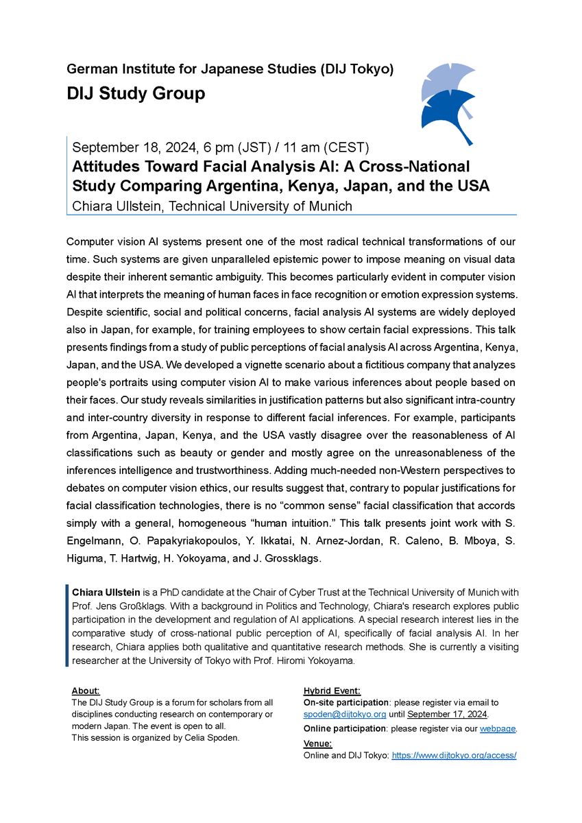 dij_tokyo's tweet photo. Registration is now open for the #DIJStudyGroup with @chiaraullstein @TU_Muenchen who will give insights into her research on attitudes toward facial analysis AI &amp; a cross-national study comparing Argentina, Kenya, Japan, USA. Sept 18, online &amp; onsite https://t.co/pqA0ZmbPI2 https://t.co/7cteofaNB1