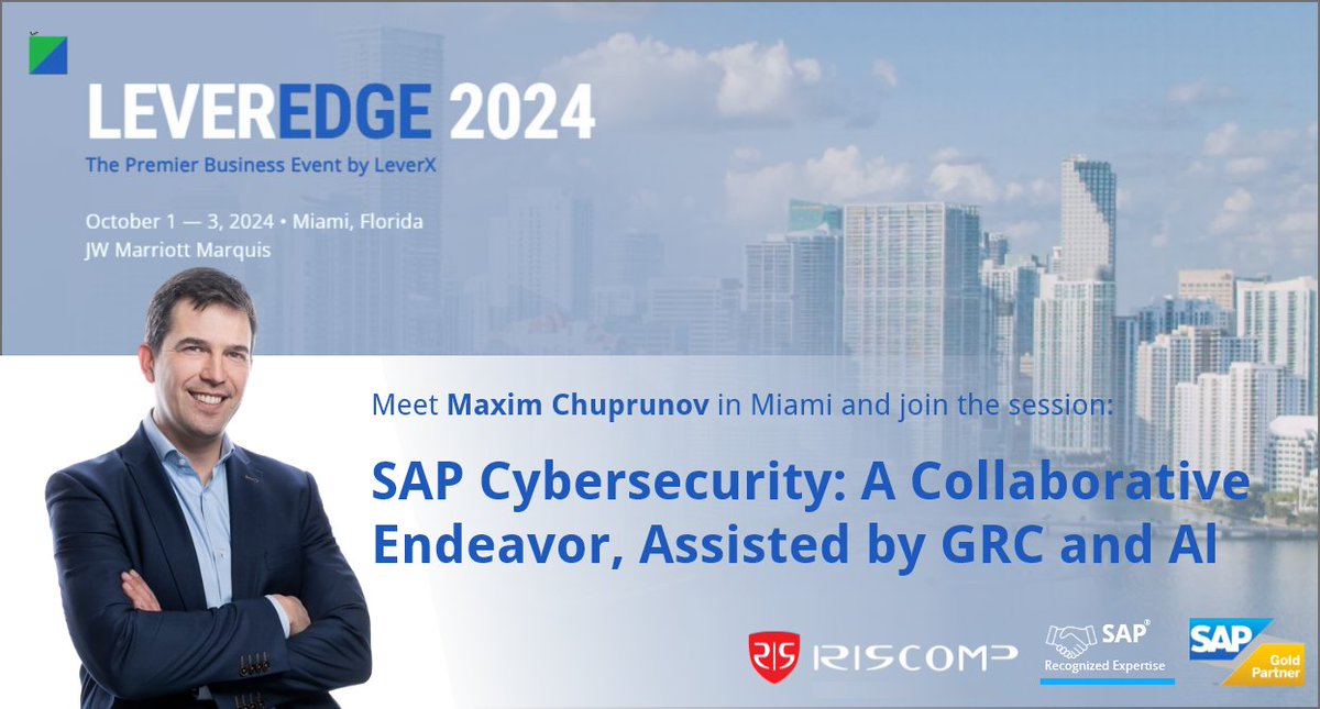 RiscompSAPGRC's tweet image. 🚀Join us at LeverEDGE 2024 in Miami from Oct 1-3!
youtu.be/Vz8xjEwo1IY

Meet Maxim Chuprunov and catch our session on “SAP Cybersecurity: A Collaborative Endeavor, Assisted by GRC and AI”

📅Check the agenda and register now: riscomp.ch/join-us-at-lev…
#LeverEDGE2024