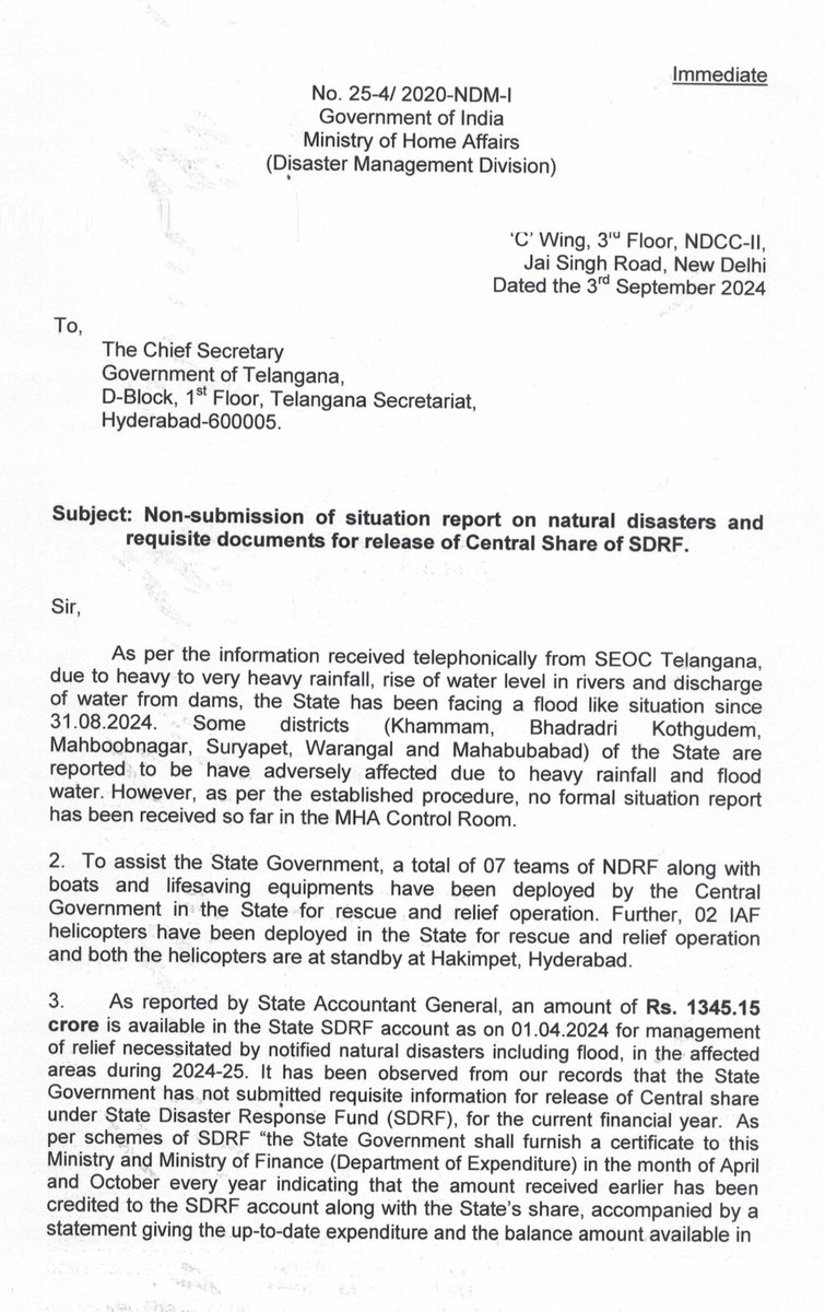 bandisanjay_bjp's tweet photo. Brought to the attention of Hon’ble Union Home Minister Shri @AmitShah ji the issue of utilization and approval of NDRF funds in Telangana along with Hon’ble Union Minister Shri @kishanreddybjp garu.

Shri Amit Shah ji responded positively and, based on his instructions, Union Home Ministry's National Disaster Division Director issued the orders.

A high-level Central team, under the guidance of the Hon’ble Union Home Minister, will conduct an aerial survey of the affected areas in both states of Telangana and Andhra Pradesh.

As per the Accountant General's report, the state has ₹1345 crore in SDRF funds.

Hon’ble Prime Minister Shri @narendramodi ji led Central govt has been consistently releasing its share of the National Disaster Fund.

Telangana government is advised to utilize the existing SDRF funds with the state.

Further, ₹208.40 crore due in June this year was not released because the state government failed to submit the utilization certificate.

As soon as the utilization certificate is submitted, the Centre is ready to release the pending funds.