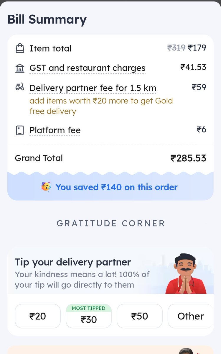 rounakgajjar's tweet image. When you order something for ₹179 but it magically transforms into ₹285 with platform fees and charges—guess I ordered an extra side of *invisible expenses* 🍽️💸 #ModernMath #FeeHike

@zomato @deepigoyal