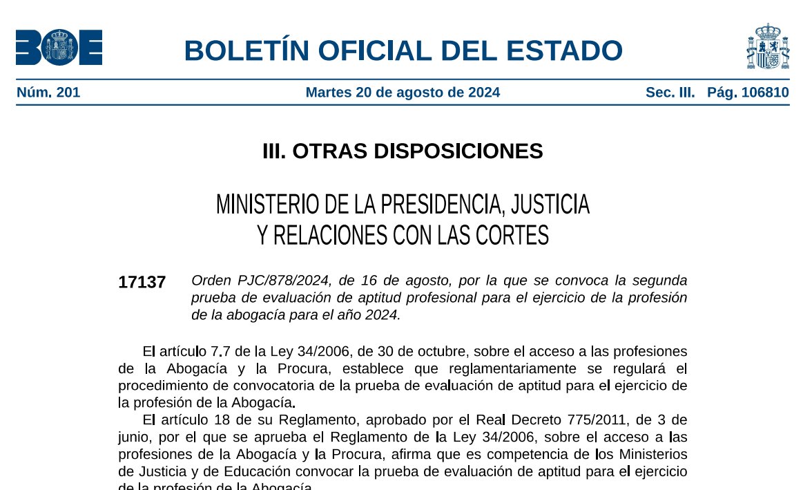 ✍️ Os recordamos que hasta el 10 de septiembre se podrá solicitar la inscripción en la segunda prueba de evaluación de aptitud profesional para el ejercicio de la abogacía, correspondiente al presente año 2024 ⤵️

icajaen.es/convocatoria-d…

#Abogados #Comprometidos