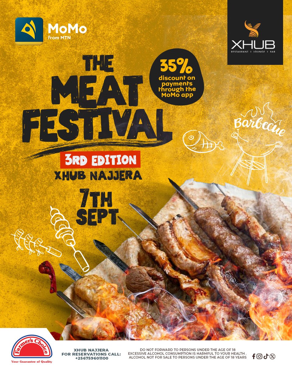 Xhub_bar's tweet photo. The Meat Festival! 🥩🔥 Mark your calendars for 7th, SEPT 2024,
Enjoy a 35% discount with #MTNMoMo @mtnmomoug. 🥩🔥
Reservations ☎️ - 0759601100
#Najjera #MeatFestival #Foodies #MeatFeast #ChillinAtTheMeatFestival #najjera #bulindo https://t.co/N73h4tK2Ws
