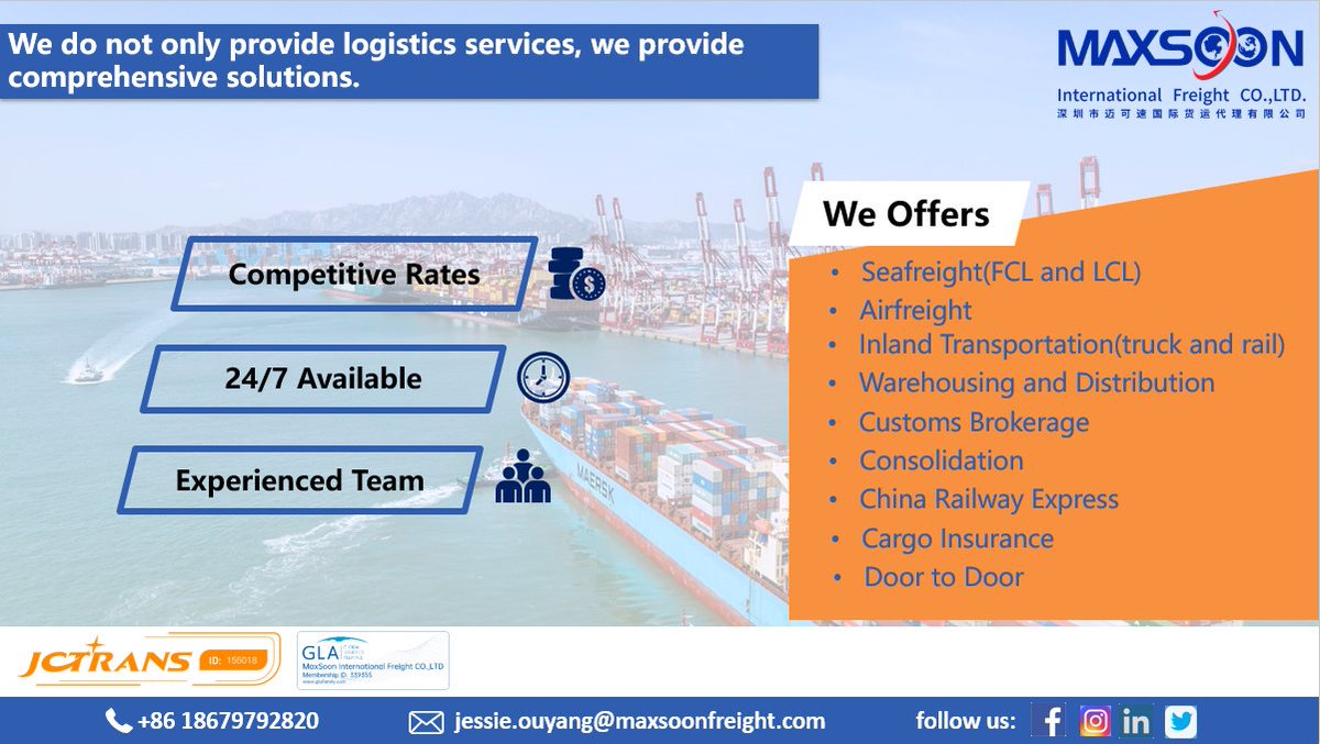 Hi friends, MaxSoon International Freight Co., Ltd. could be your reliable agent in China. Our office is locate in Shenzhen,China, we could cover all ports in China with one-stop service,including booking, warehousing, trucking, clearance, re-packing, fumigation,etc.