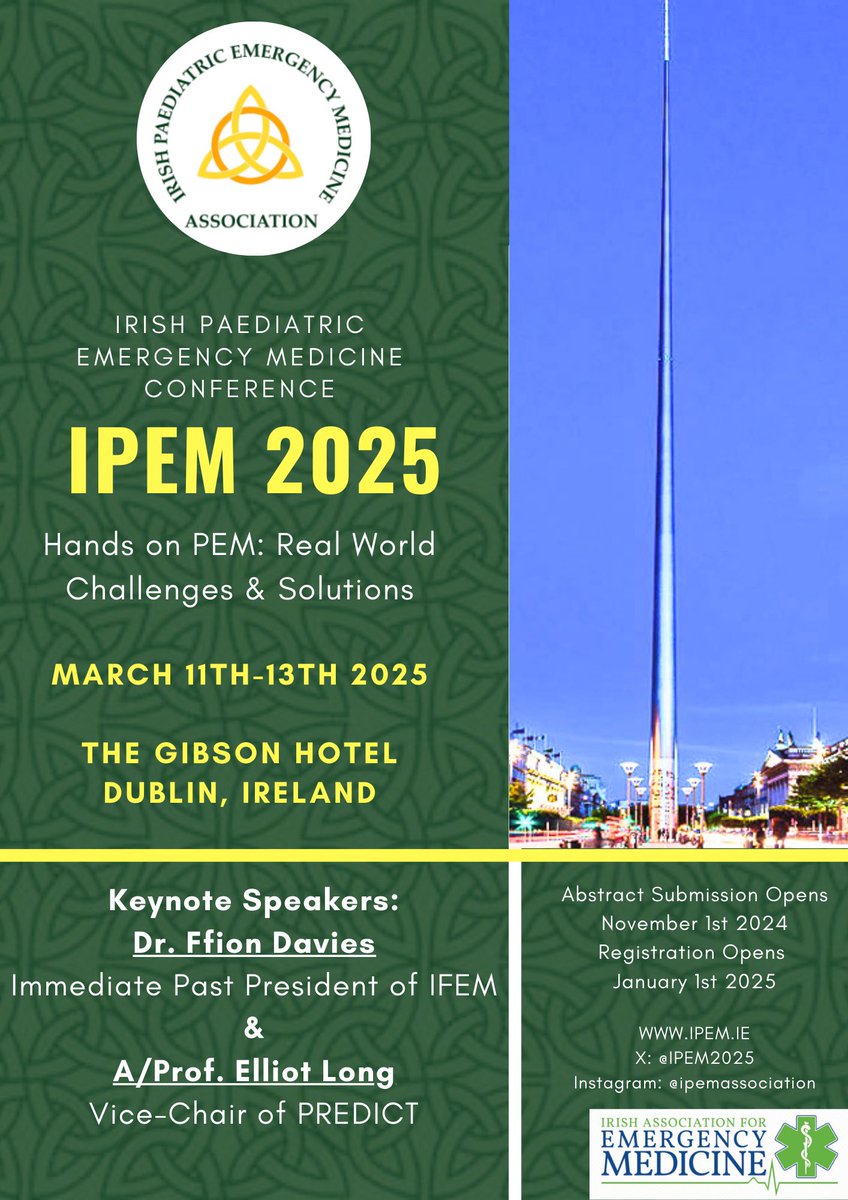 And the theme for IPEM 2025 is…

Hands on PEM: Real World Challenges &amp; Solutions 🙌🏽

Join us at the Gibson Hotel in Dublin next year ☘️

Abstract submission opens November 1st
Registration opens January 1st 2025

<a href="/AssocEmergMedIE/">IAEM</a>
