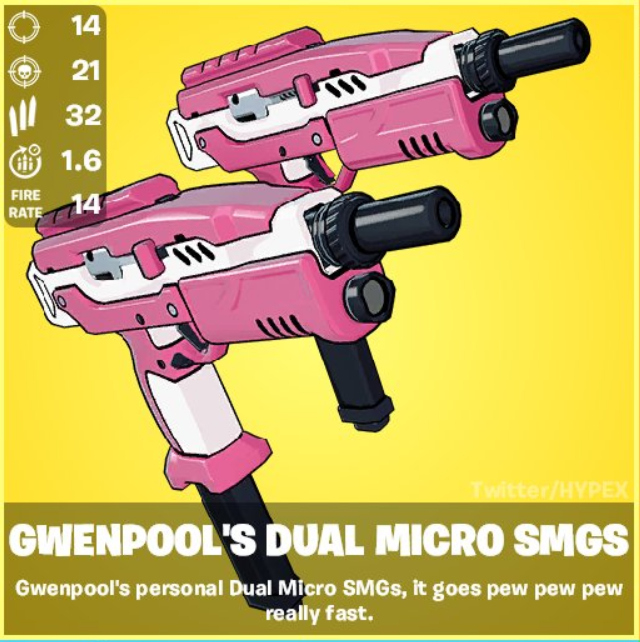 HYPEX's tweet image. Gwenpool now sells her Dual SMGs Mythic ‼️

The Mythic's Killfeed texts are:
• {PLAYER} turned {ENEMY} into comic dust with Gwenpool's Dualies
• Oops, {PLAYER} said bye-bye to {ENEMY} with Gwenpool's Dualies
• {PLAYER} erased {ENEMY} from the script with Gwenpool's Dualies
•…
