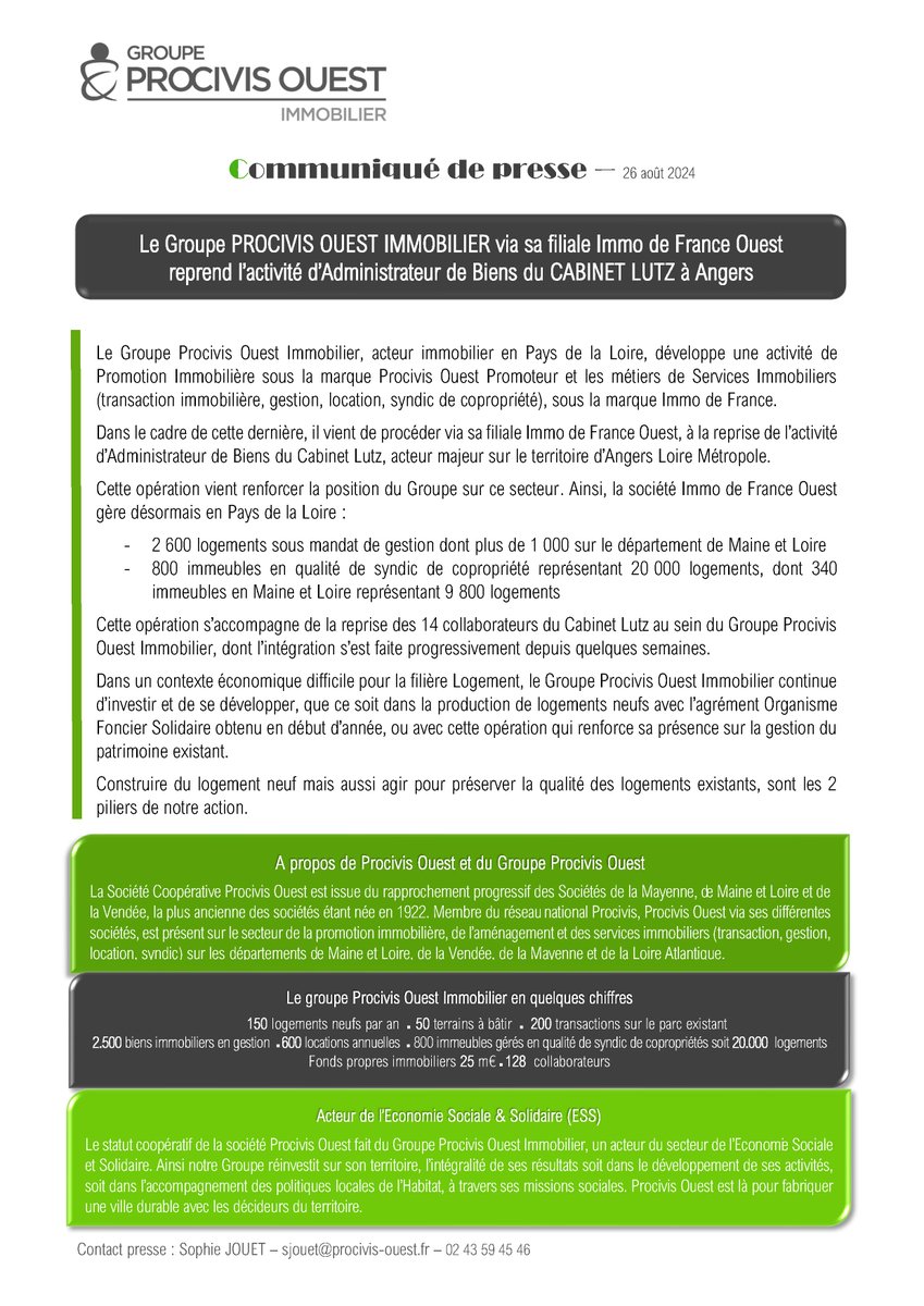 Le Groupe Procivis Ouest Immobilier poursuit son développement à <a href="/Angers/">Ville d'Angers</a> avec l'acquisition, via sa filiale Immo de France Ouest, de l’activité d’Administrateur de Biens du CABINET LUTZ, acteur reconnu sur le territoire <a href="/AngersMetropole/">Angers Loire Métropole</a> !🏠