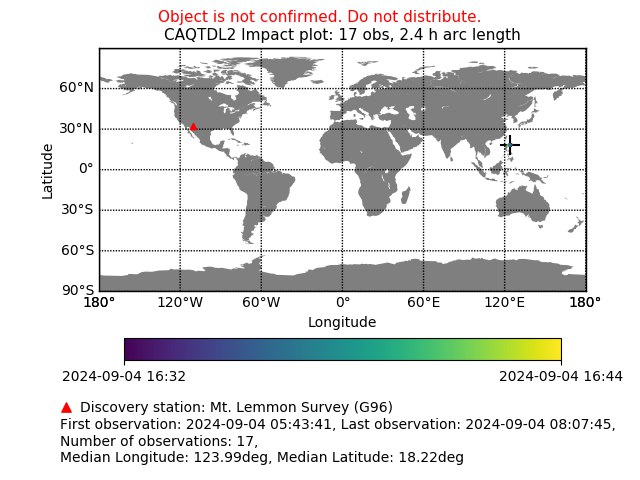 Richard Moissl (@richard_m_f) on Twitter photo ☄️🎆Incoming! The ninth ever immininent impactor has been discovered by the Catalina Sky Survey this morning. There will be a harmless, but likely spectacular fireball in about 8 hours, caused by a small ~1 metre diameter object entering Earth's atmosphere near the Philippines. ☄️🎆Incoming! The ninth ever immininent impactor has been discovered by the Catalina Sky Survey this morning. There will be a harmless, but likely spectacular fireball in about 8 hours, caused by a small ~1 metre diameter object entering Earth's atmosphere near the Philippines.