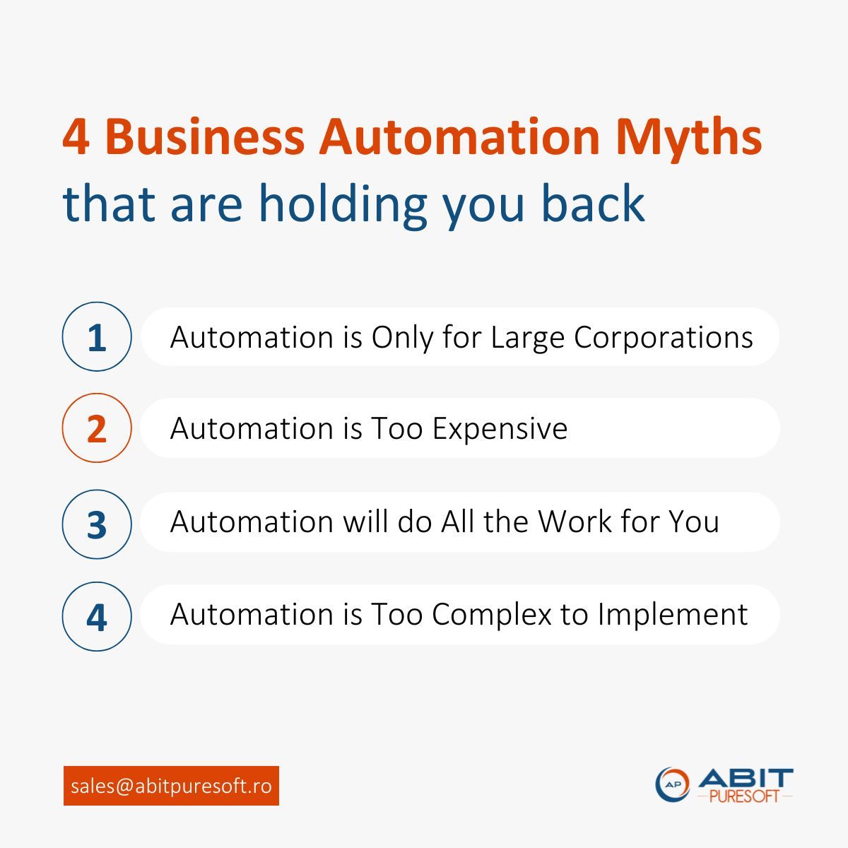APuresoft's tweet photo. 👉 Don't let myths hold your business back! 

Automation isn’t just for big players or high budgets. 

It’s the key to smarter, streamlined growth. 📈 

Reach out to us and see for yourself how Business Automation can elevate your organization.⬇️ 

📩 sales@abitpuresoft.ro https://t.co/JlgHYnnOlB