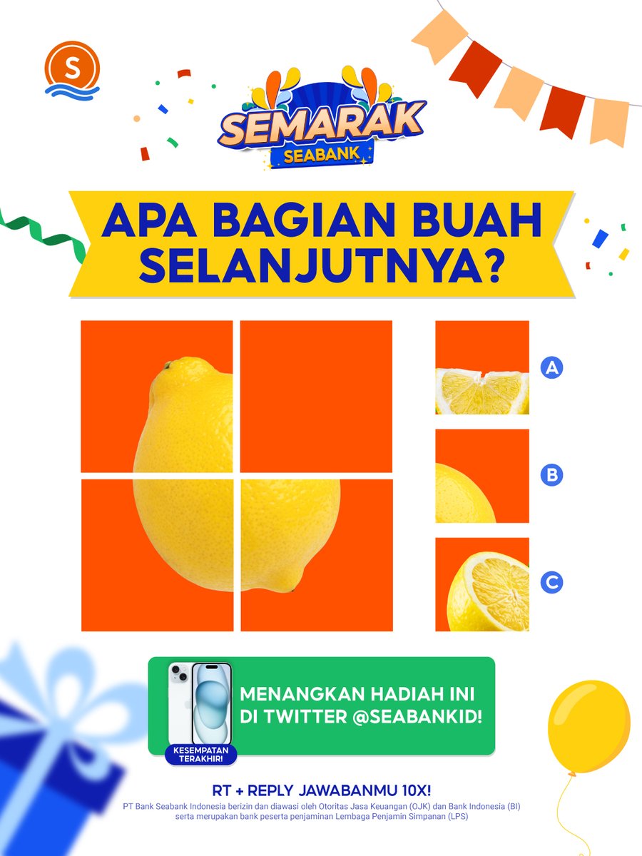 APA BAGIAN BUAH SELANJUTNYA? 🍋🧐

Yuk, dapatkan kesempatan bawa pulang IPHONE 15 GRATIS! 😆

RT + REPLY JAWABANMU SEBANYAK 10X!