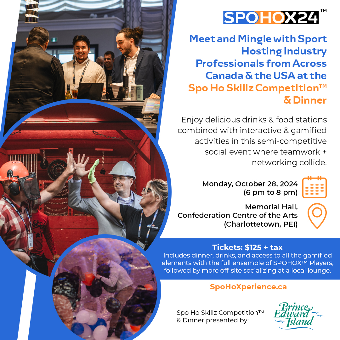 SPOHOXperience's tweet image. Calling all Islanders who work in the sport or tourism industries!
You can join us for the Spo Ho Skillz Competition™ &amp;amp; Dinner on October 28, sponsored by @tourismpei.  Buy your ticket today: site.pheedloop.com/event/spohox24…
#SpoHoX24 #SportHosting #SportTourism #SportTravel