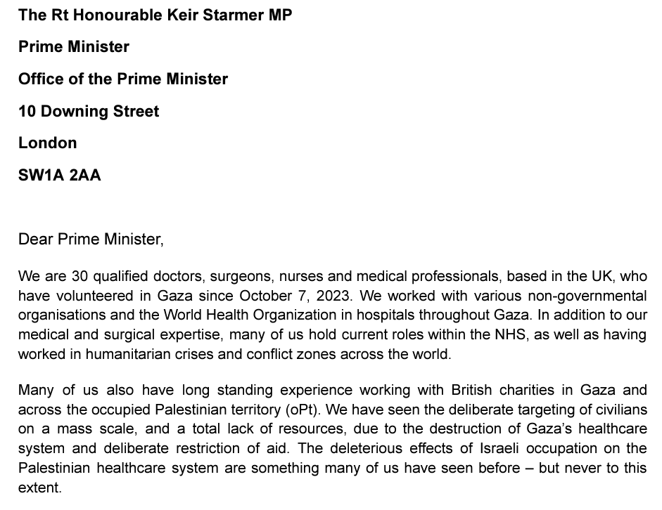 declassifiedUK's tweet photo. 🚨30 UK doctors who have volunteered in Gaza have demanded that the UK government stop arming Israel.  

The letter notes that Israel has killed one out of every 40 healthcare workers in Gaza.
👉https://t.co/GF0dxCS6vz https://t.co/RVm6LUJo8Y