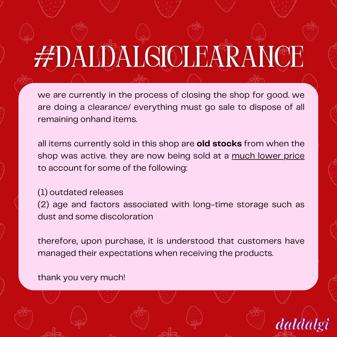 daldalgi's tweet photo. #daldalgiCLEARANCE PRICE DROP! We are doing a final closing sale for our remaining ONHAND items with even lower prices. Check the items below. ✨🍓

PS. posters and photocards sale still to come! https://t.co/j8FkYM1dna