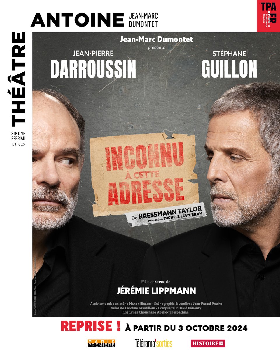 HISTOIRE TV (@histoiretv) on Twitter photo #Partenariat 🎭
La pièce "Inconnu à cette adresse" revient au <a href="/ThAntoineOff/">Théâtre Antoine</a> dans une nouvelle mise en scène : un texte bouleversant interprété par Jean-Pierre Darroussin et <a href="/stephaneguillon/">Stéphane Guillon</a> #Partenariat 🎭
La pièce "Inconnu à cette adresse" revient au <a href="/ThAntoineOff/">Théâtre Antoine</a> dans une nouvelle mise en scène : un texte bouleversant interprété par Jean-Pierre Darroussin et <a href="/stephaneguillon/">Stéphane Guillon</a>