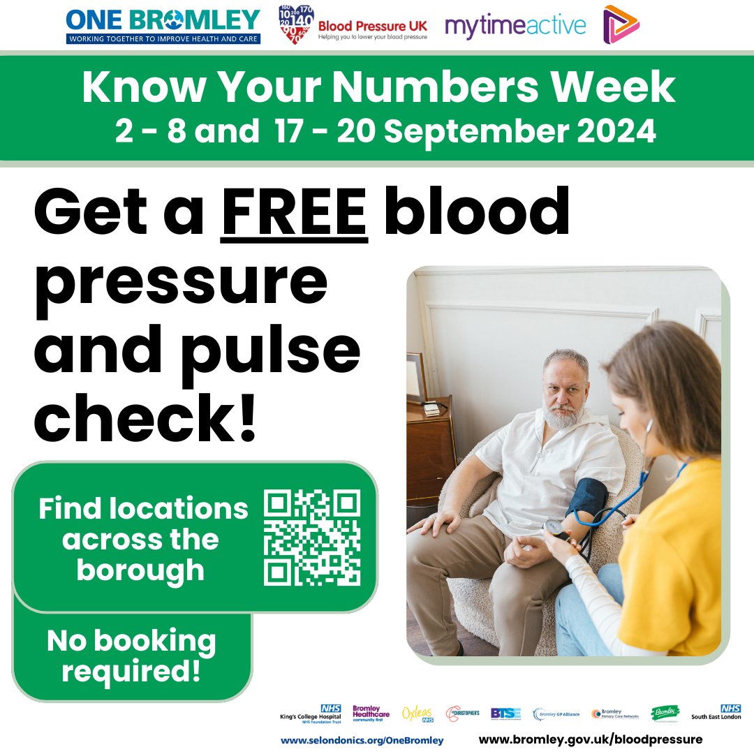 Free blood pressure and pulse checks will be available across #Bromley today at various locations!

More pressure stations will also be available throughout the week for #KnowYourNumbers.

For info on times, dates and locations, visit: bromley.gov.uk/bloodpressure.

#KYN2024