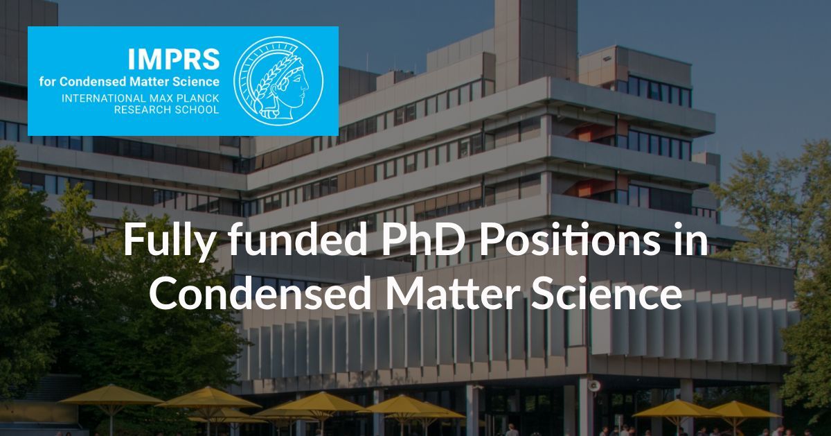 Academic Positions (@academpositions) on Twitter photo Interested in advancing your research career within the field of condensed matter physics? The International Max Planck Research School for Condensed Matter Science (IMPRS-CMS) invites candidates for fully funded PhD positions. Apply by Sep 30th! <a href="/mpifkf/">Max Planck Institute for Solid State Research</a> buff.ly/3Xa8R4X Interested in advancing your research career within the field of condensed matter physics? The International Max Planck Research School for Condensed Matter Science (IMPRS-CMS) invites candidates for fully funded PhD positions. Apply by Sep 30th! <a href="/mpifkf/">Max Planck Institute for Solid State Research</a> buff.ly/3Xa8R4X