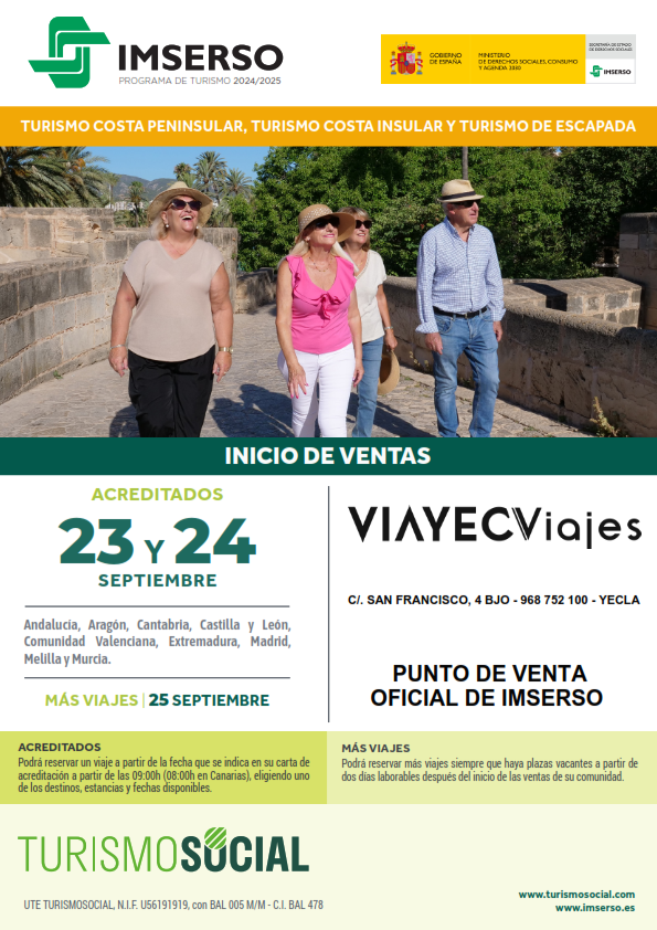 Los días 23 y 24 de septiembre comienzan las ventas de los viajes de IMSERSO de esta nueva temporada.