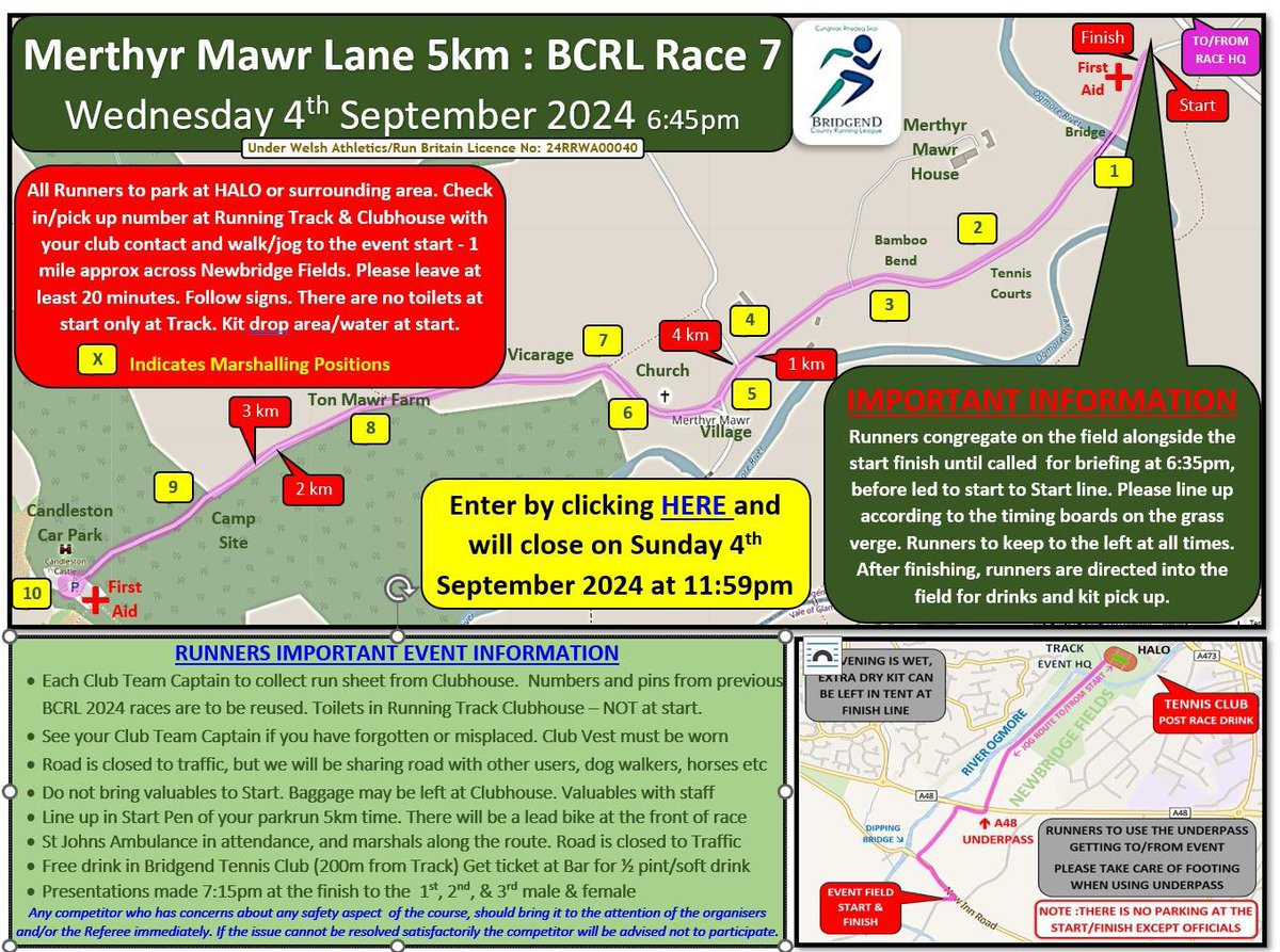 Last race in the 2024 Bridgend County Running League series tonight.

Looking forward to seeing all the runners on Merthyr Mawr Lane for the 6.45pm start followed by a drink <a href="/BridgendTennis/">Bridgend Tennis</a> Club post race.

Pob lwc pawb

#BCRL2024