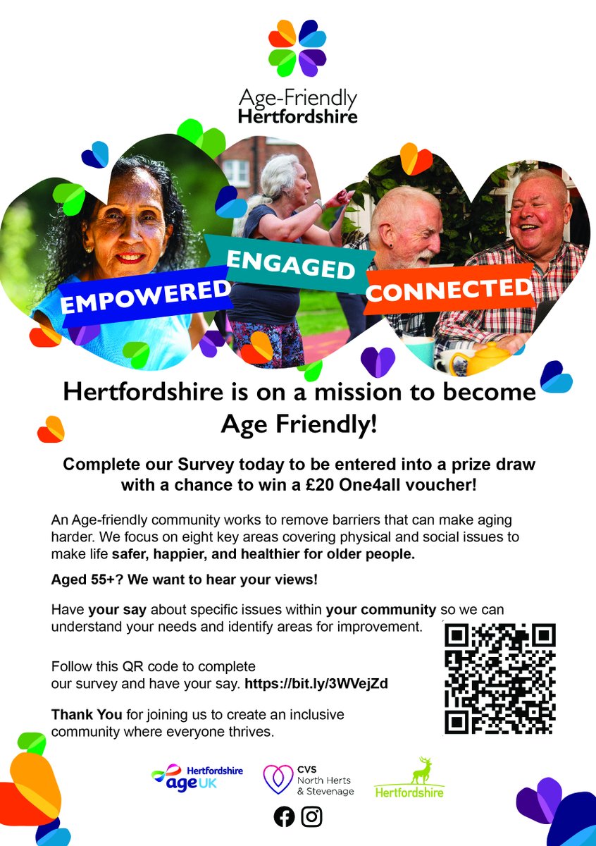Hertfordshire is on a mission to become Age Friendly! Are you 55+ and live in Hertfordshire?🗣️Take part in the survey and share your thoughts on making  community safer, happier &amp; healthier for older people. Plus you’ll be entered into a prize draw to win a £20 One4all voucher!