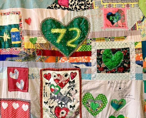 Grenfell Memorial Quilt, in memory of 72 lives lost - #GrenFell Tower fire, UK. The aim to complete the hanging for the 10th yr Remembrance,2027. GMQ will be the dimensions of Grenfell Tower 220ft x 72ft . Initiated by mother of survivor, Tuesday Greenidge #sewingforjustice 💚