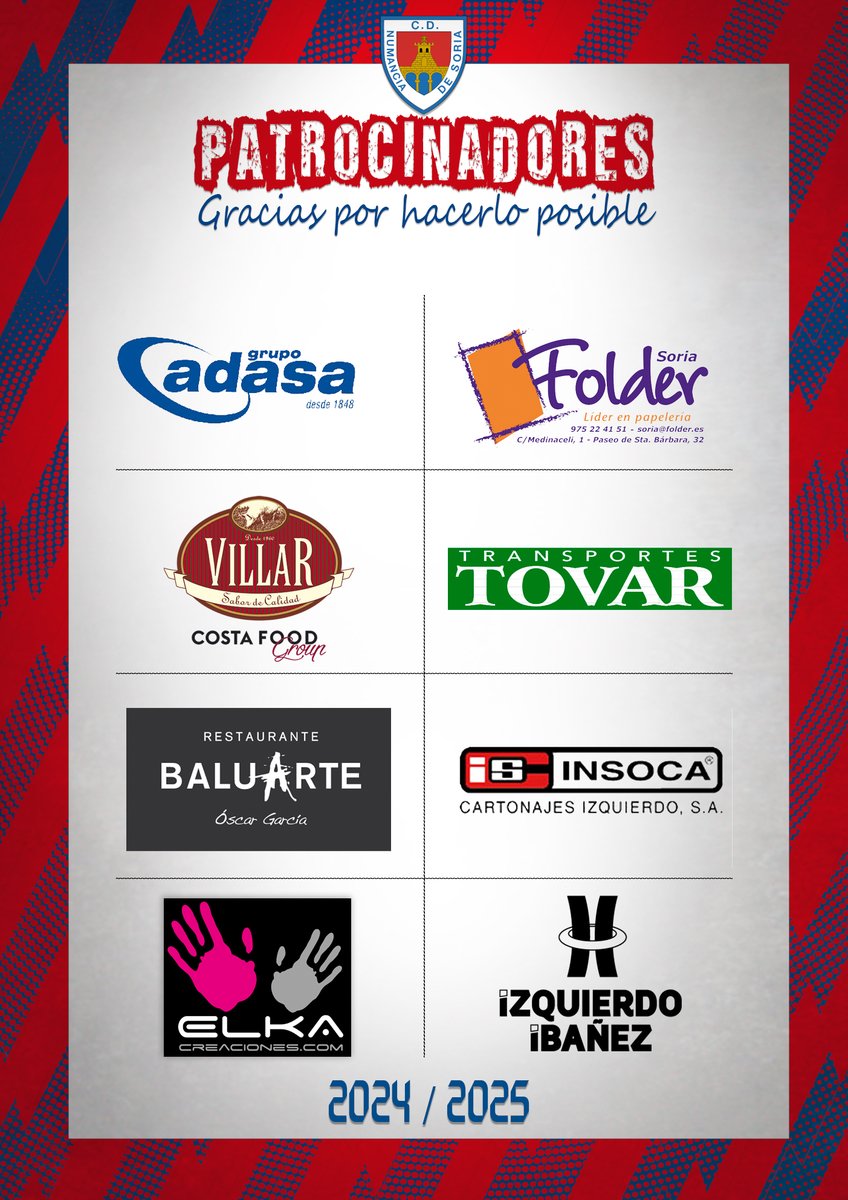 cdnumancia's tweet photo. PATROCINADORES | 🤝
Gracias por vuestro apoyo en una nueva temporada 🥰
#AdasaSoria
#FolderSoria
@Grupo_Villar
#TransportesTovar
#Baluarte
#Insoca
#ElkaCreaciones
#IzquierdoIbañez
#TambiénSeApuntan #TambiénNosLevantarán