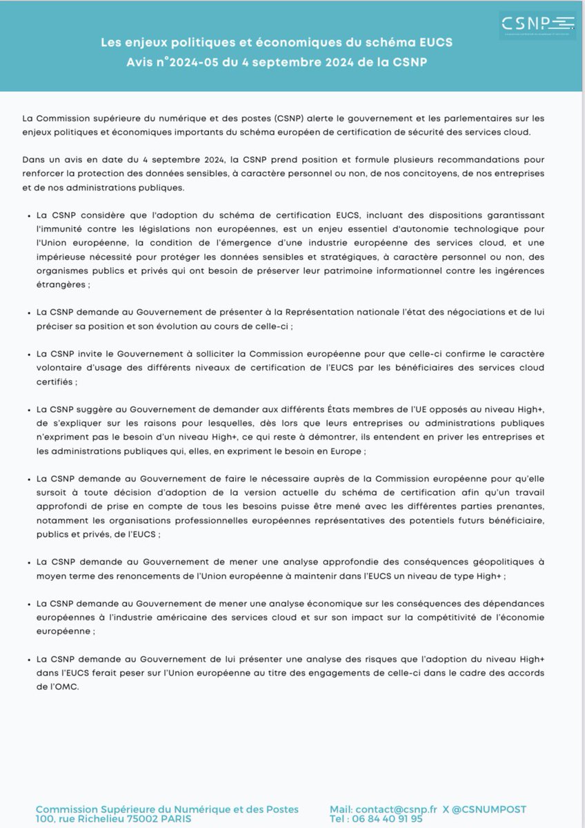 ⚠️La Commission publie ce jour un avis sur les enjeux politiques et économiques du schéma européen de certification de sécurité des services Cloud (EUCS). 

✅Cet avis formulé plusieurs recommandations pour renforcer la protection des données sensibles ➡️ csnp.fr/avis/