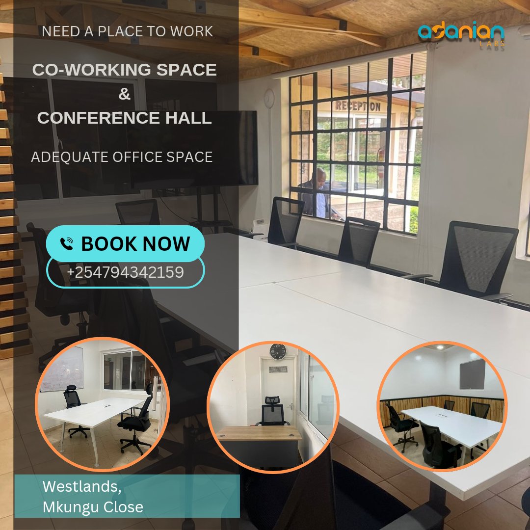 Whether you want a private office space for your team, a single work desk for yourself, a conference hall for your meetings, we have it all for you

Located in Westlands, Mkungu Close, our spaces are available from 7:00 - 20:00, Mon to Fri.

#coworkinglife #adanianlabs #rentadesk