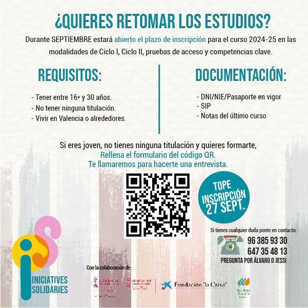 Iniciatives Solidàries (@ini_solidaries) on Twitter photo ¿Quieres retomar tus estudios? Inscríbete: forms.office.com/e/tGMBHxHEKj
Te llamaremos para hacerte una entrevista. Puedes prepararte Ciclo I, Ciclo II, las Pruebas de Acceso a G. Medio o las Comp. clave. Fecha tope: 27 de sep. (solicitudes posteriores pasarán a la lista de espera). ¿Quieres retomar tus estudios? Inscríbete: forms.office.com/e/tGMBHxHEKj
Te llamaremos para hacerte una entrevista. Puedes prepararte Ciclo I, Ciclo II, las Pruebas de Acceso a G. Medio o las Comp. clave. Fecha tope: 27 de sep. (solicitudes posteriores pasarán a la lista de espera).
