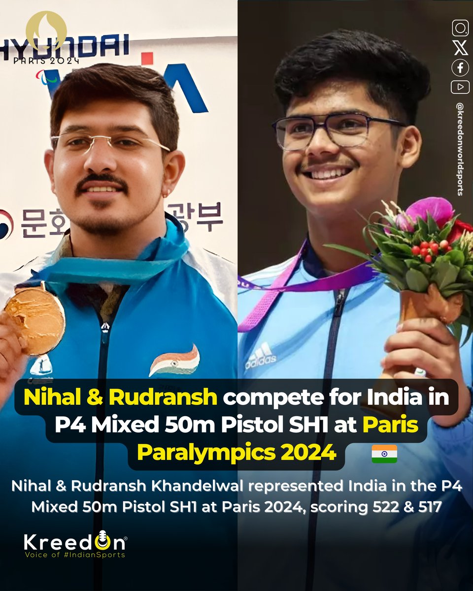 kreedonworld's tweet image. India&apos;s marksmen at Paris 2024! 🇮🇳 Nihal Singh scored 522, and Rudransh Khandelwal scored 517 in the P4 Mixed 50m Pistol SH1 event, showcasing their skill and determination.
#nihalsingh #rudranshkhandelwal #cheer4bharat #paralympics2024 #machadhoom