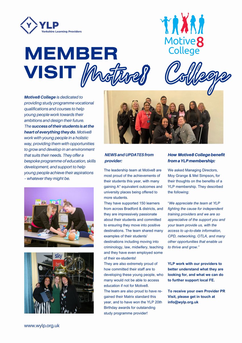 WYLPLTD's tweet image. Our latest Provider Press Visit
Our Managing Director, @AlexMilesWYLP  visited Motive8 College to hear about all the brilliant study programmes delivered by their impressive team!

Thank you for having us team!

#TeamYorkshire #StudyProgrammes #Bradford