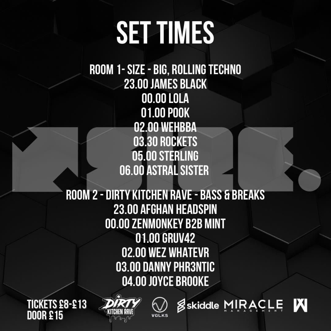 🙌🏻 SET TIMES for SIZE - THIS FRIDAY!🙌🏻 Massive Friday night techno action at <a href="/VolksClubandBar/">Volks Club</a> with <a href="/wehbba/">Wehbba</a> headlining! Don’t miss it! #techno #technomusic #technoparty #technoevent #technolovers #technofamily #brighton #brightonlife #brightontechno #brightonuk #dontmissout