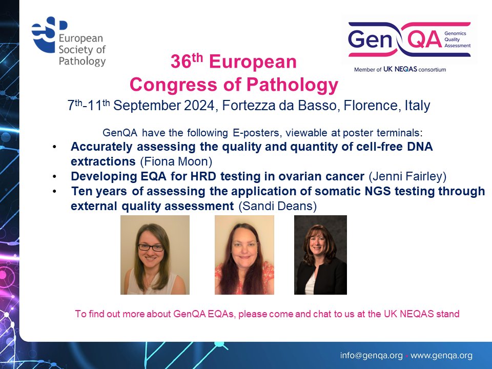 GenQA is delighted to be part of the UK NEQAS stand at the 36th European Congress of Pathology in Florence, 7-11 September. Please come and see us on stand 95.
<a href="/UKNEQAS/">UKNEQAS</a> #Genomics #EQA #Quality #Pathology