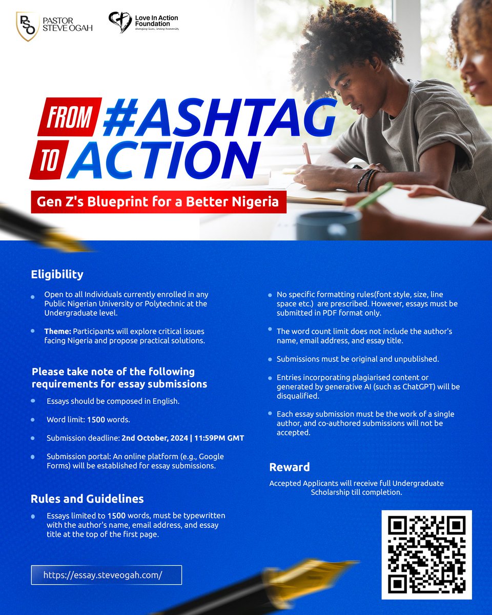 stephenogah's tweet photo. WIN A FULL UNDERGRADUATE SCHOLARSHIP TILL COMPLETION! 📚

Are you a Nigerian undergraduate ready to make a difference? Love in Action Foundation is challenging you to share your vision for a better Nigeria!

#LoveInAction #EssayCompetition #Nigeria #YouthEmpowerment #Scholarship https://t.co/A8a10GxHDj