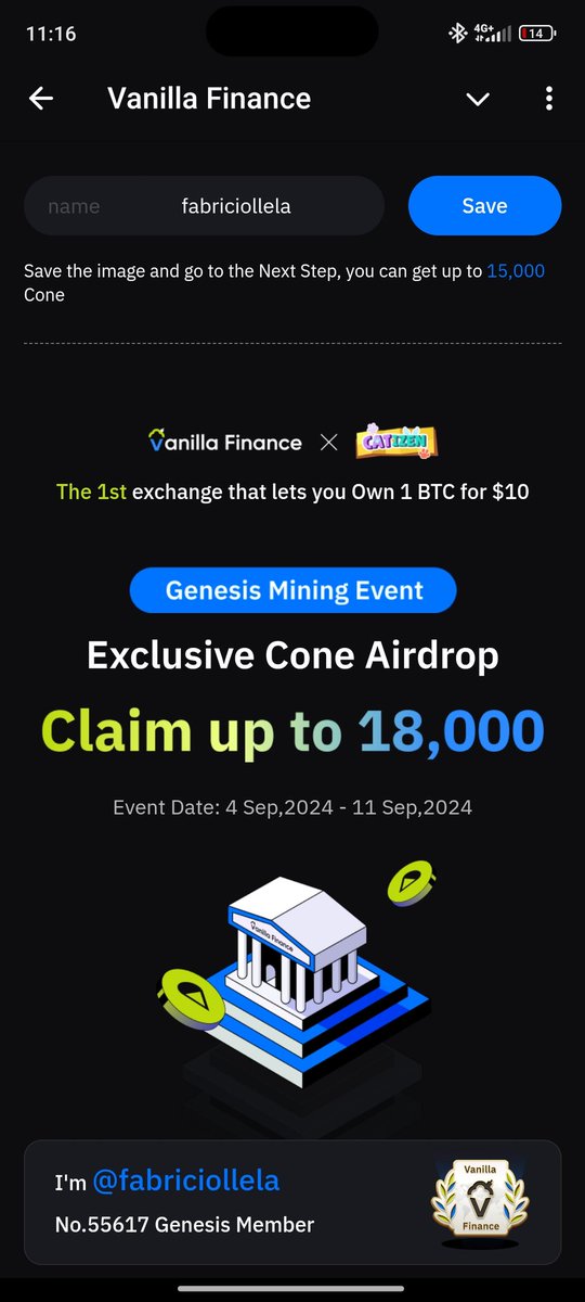 fabriciollela's tweet photo. #VanillaFinance is the 1st exchange that lets you own 1 Bitcoin for $10. Genesis mining is live now. Claim up to 18,000 Cone! #Airdrop #Miniapp https://t.co/Y61FseRGTX