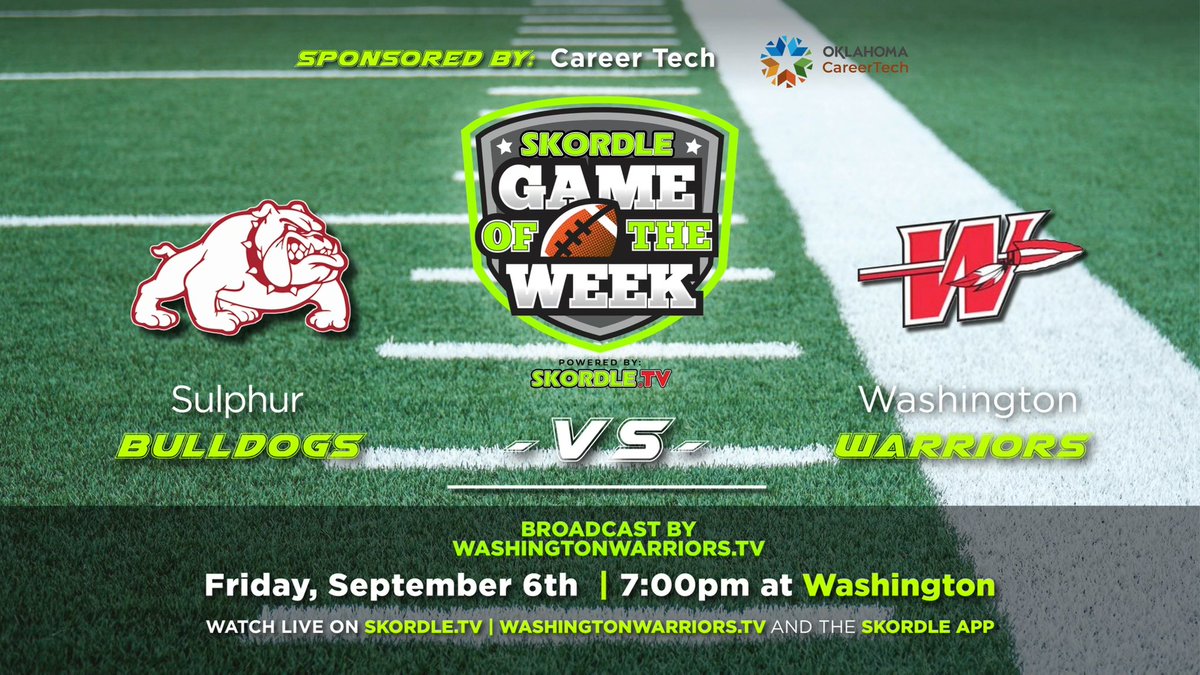 Skordle App (@skordle) on Twitter photo 𝙂𝘼𝙈𝙀 𝙊𝙁 𝙏𝙃𝙀 𝙒𝙀𝙀𝙆
Join our esteemed WashingtonWarriors.TV broadcast crew as they bring you this heavyweight showdown between title contenders in 2A’s 2-time defending champ <a href="/WashingtonWarr5/">Washington_Warrior_Football</a> and 3A’s perennial power <a href="/BulldogSulphur/">Sulphur Bulldog Football</a> . #okpreps 𝙂𝘼𝙈𝙀 𝙊𝙁 𝙏𝙃𝙀 𝙒𝙀𝙀𝙆
Join our esteemed WashingtonWarriors.TV broadcast crew as they bring you this heavyweight showdown between title contenders in 2A’s 2-time defending champ <a href="/WashingtonWarr5/">Washington_Warrior_Football</a> and 3A’s perennial power <a href="/BulldogSulphur/">Sulphur Bulldog Football</a> . #okpreps