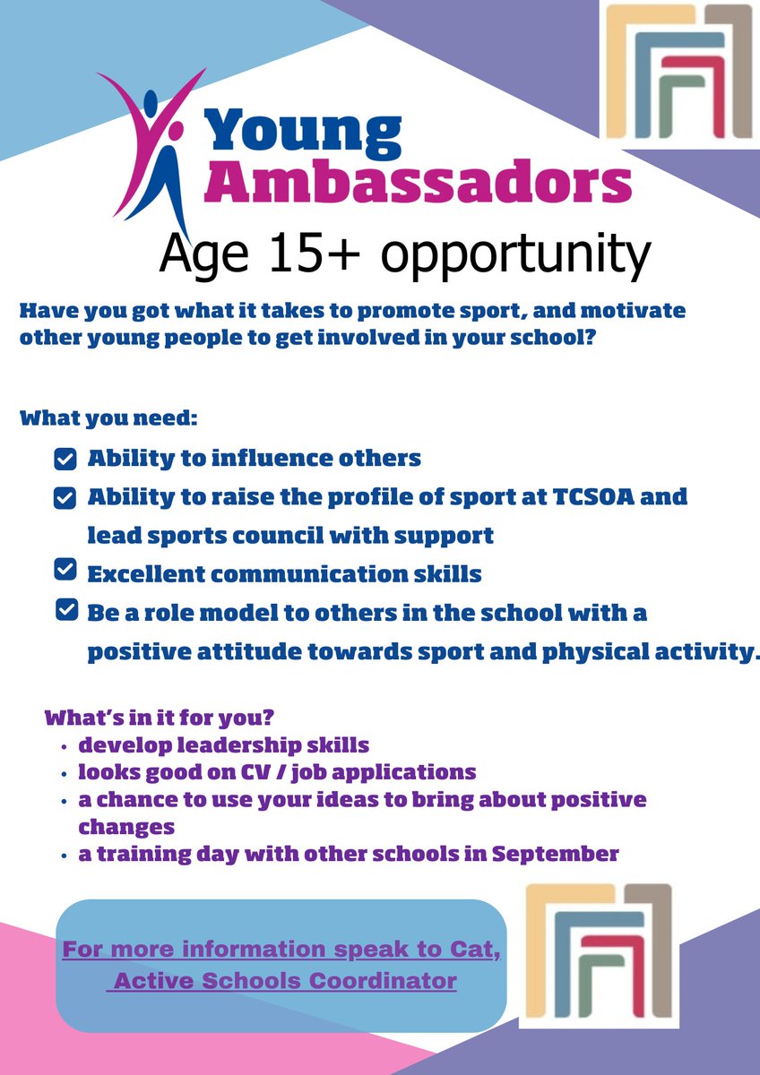 ActSch Auchterarder (@asauchterarder) on Twitter photo Young Ambassadors
TCSOA are recruiting for two new sports ambassadors to promote sport, and motivate and inspire other young people to get involved in sport in their schools, clubs and local communities. If you are interested please email cfairlie@liveactive.co.uk by 13/9. Young Ambassadors
TCSOA are recruiting for two new sports ambassadors to promote sport, and motivate and inspire other young people to get involved in sport in their schools, clubs and local communities. If you are interested please email cfairlie@liveactive.co.uk by 13/9.