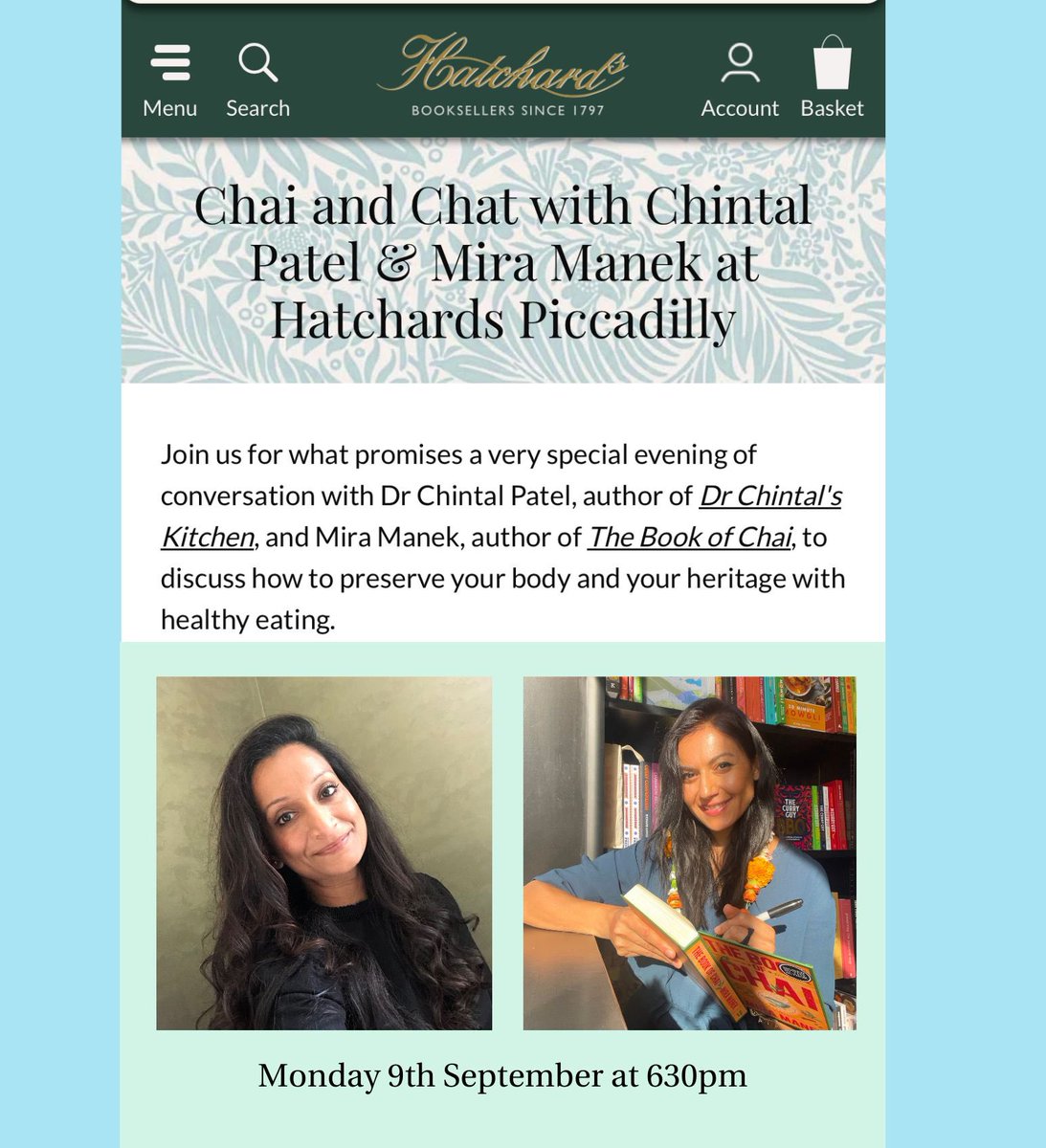 Join us for Chai, Snacks &amp; Chats with <a href="/miramanek/">mīra manek</a> &amp; @drchintalskitchen at the oldest and most beautiful bookshop in London <a href="/Hatchards/">Hatchards</a> in conversation with @Anjlivyas @emptyplatespodcast 

Tickets are only £5/£10 and the first 15 tickets booked will get a FREE gift bag!
