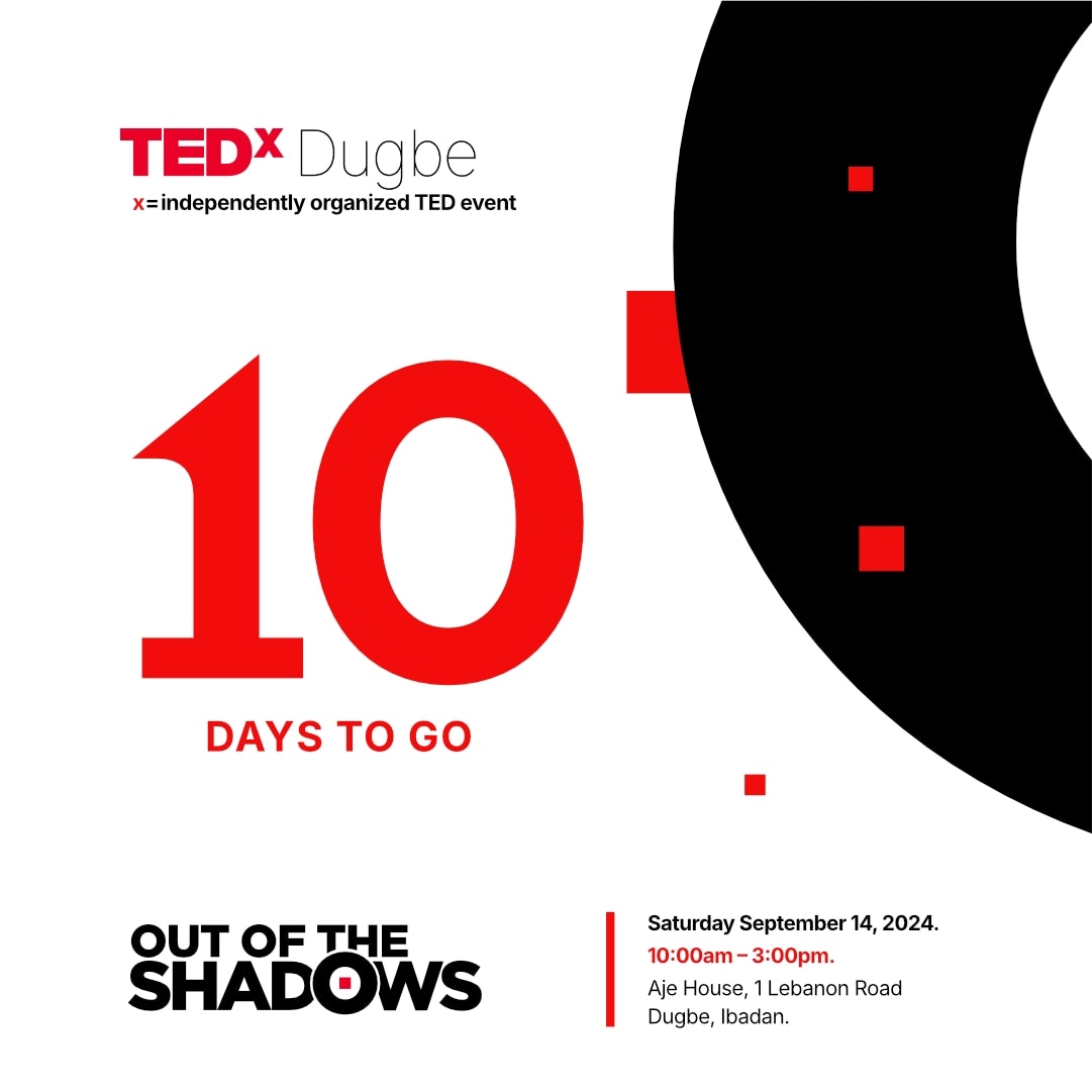 TEDx_Dugbe's tweet photo. It's 10 days to TEDxDugbe, 10 days to stepping out of the shadows 🎉.

We're getting ready, are you?

Early bird tickets is still selling via https://t.co/6jNCeLLa6i. Get yours now while the offer lasts.

 #TEDxDugbe2024 #OutOfTheShadows https://t.co/4SGc5SbIsM