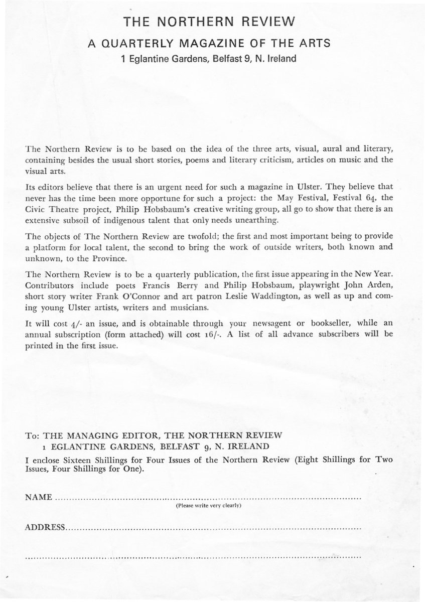 Afternoon. A bit of Northern Review ephemera here. A letter from 1964 explaining the whys and wherefores of the forthcoming magazine. I wonder what the May Festival and Festival 64 were? Thanks to Carolyn Robb for it. huarchive.co/items/show/545 <a href="/HonestUlsterman/">The HU</a> <a href="/ACNIWriting/">ACNI Writing</a>