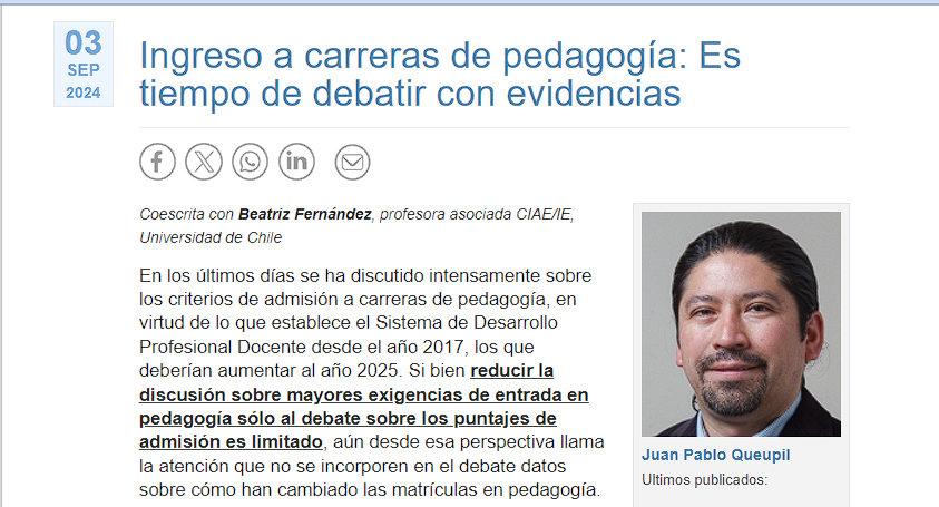 ciae_uchile's tweet photo. #OPINIÓN🗞️"Ingreso a carreras de pedagogía: Es tiempo de debatir con evidencias"

Juan Pablo Queupil, investigador de @CitseUcsh y Beatriz Fernández, investigadora #CIAE/@IEducacionUCH, incorporan antecedentes a la discusión sobre el ingreso a pedagogía🔗https://t.co/nQbPJXpzzW https://t.co/z7lSIJtUtm