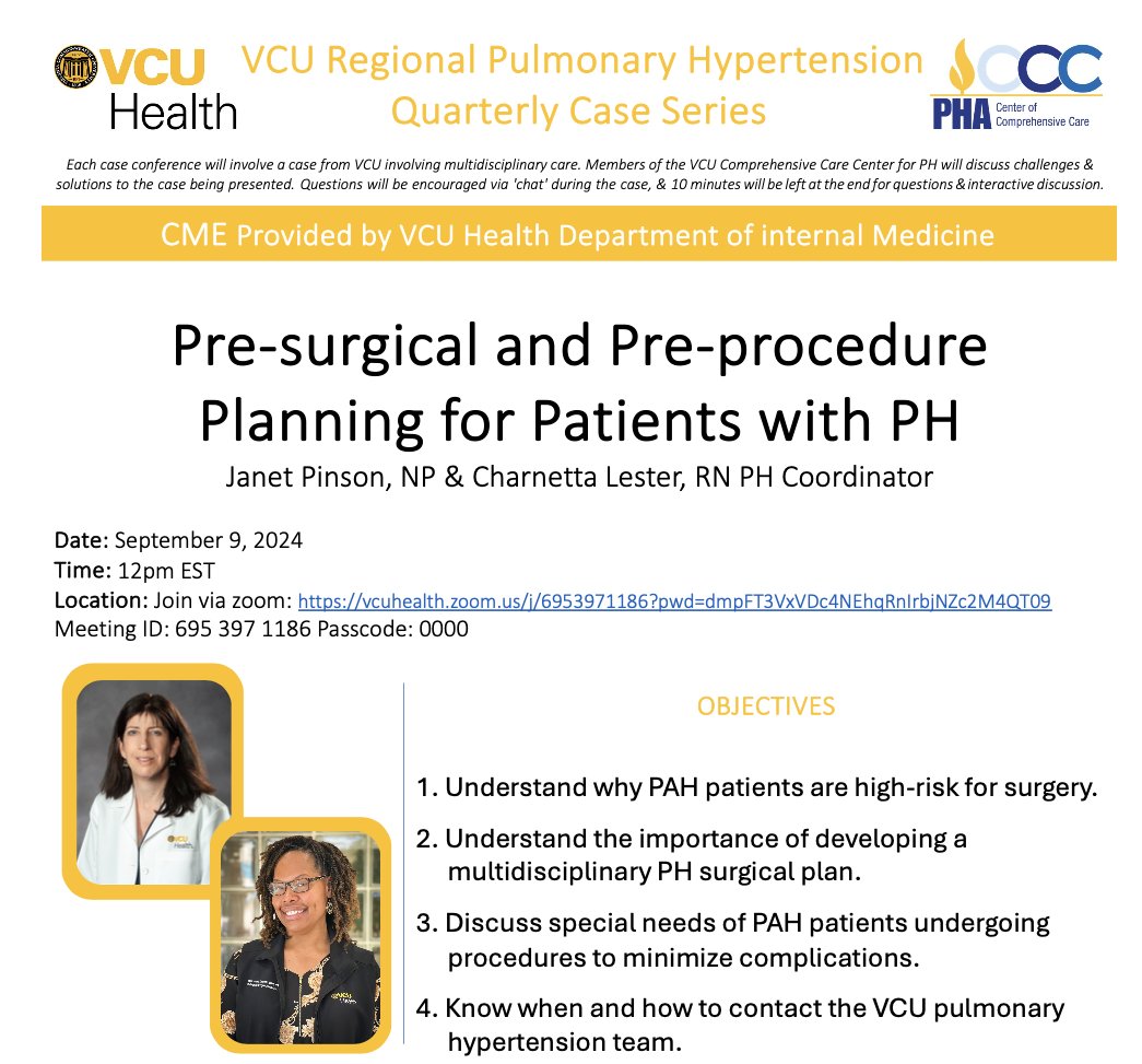 Date: September 9, 2024
Time: 12pm EST
Location: Join via zoom: vcuhealth.zoom.us/j/6953971186?p…
Meeting ID: 695 397 1186 Passcode: 0000