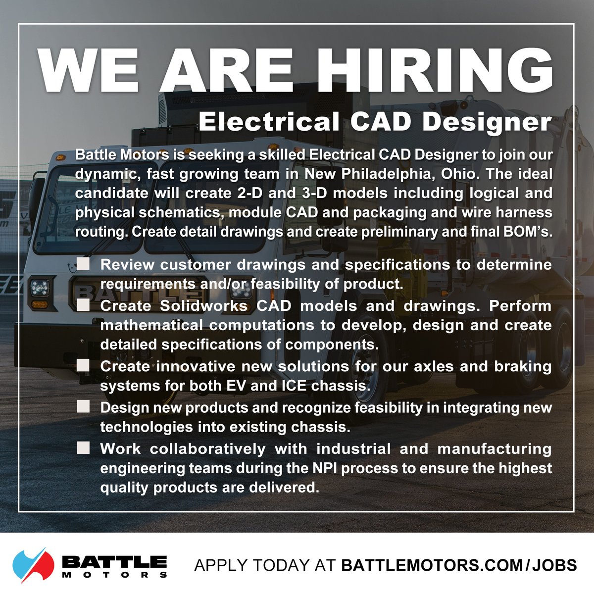 BattleMotors's tweet image. 🚨#NowHiring Electrical CAD Designer🚨
Battle Motors is seeking a skilled Electrical CAD Designer to join our dynamic, fast growing team in New Philadelphia, Ohio. 

#Electrical CAD Designer
#CADDesigner
#BattleMotors