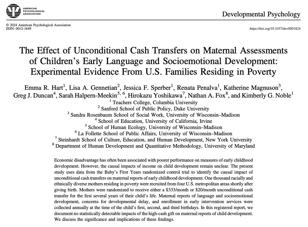 I am excited to share our new paper on the effects of Baby’s First Years unconditional cash transfers on maternal reports of child language &amp; socioemotional development across the first three years of life! Check it out in Developmental Psychology: doi.org/10.1037/dev000…