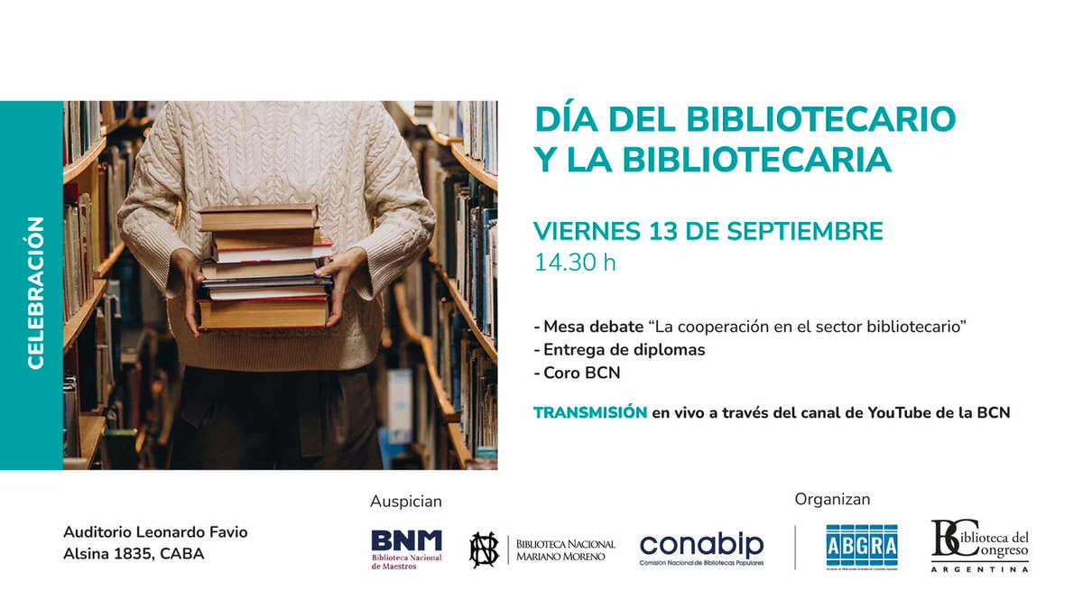 🎉 ¡Vení a festejar el día del Bibliotecario!

📚 Junto con <a href="/ABGRAoficial/">ABGRA</a> celebramos el Día del Bibliotecario!

¡Te esperamos con muchas sorpresas! 😄

📆 Viernes 13 de septiembre, 14.30 h
🔴 Transmisión por el canal de YouTube de BCN
📍 Auditorio Leonardo Favio, Alsina 1835,CABA