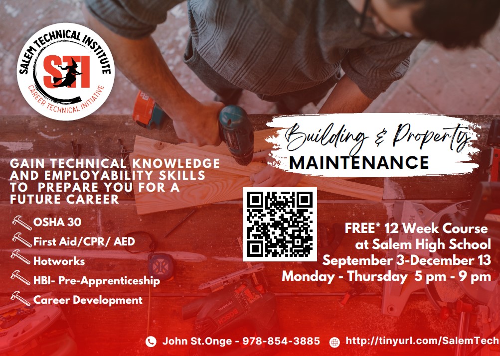 STILL TIME TO REGISTER...
...for the Salem CTI Fall '24 FREE certification in Building &amp; Property Maintenance. Courses run Sep. 3-Dec. 13, 5-9 pm <a href="/_SalemHigh_/">Salem High School</a>  
-- tinyurl.com/SalemTech
-- Tel: (978) 854-3885
-- jstonge@salemk12.org

<a href="/SHS_CTE_/">Salem High School CTE</a> #CareerOpportunities