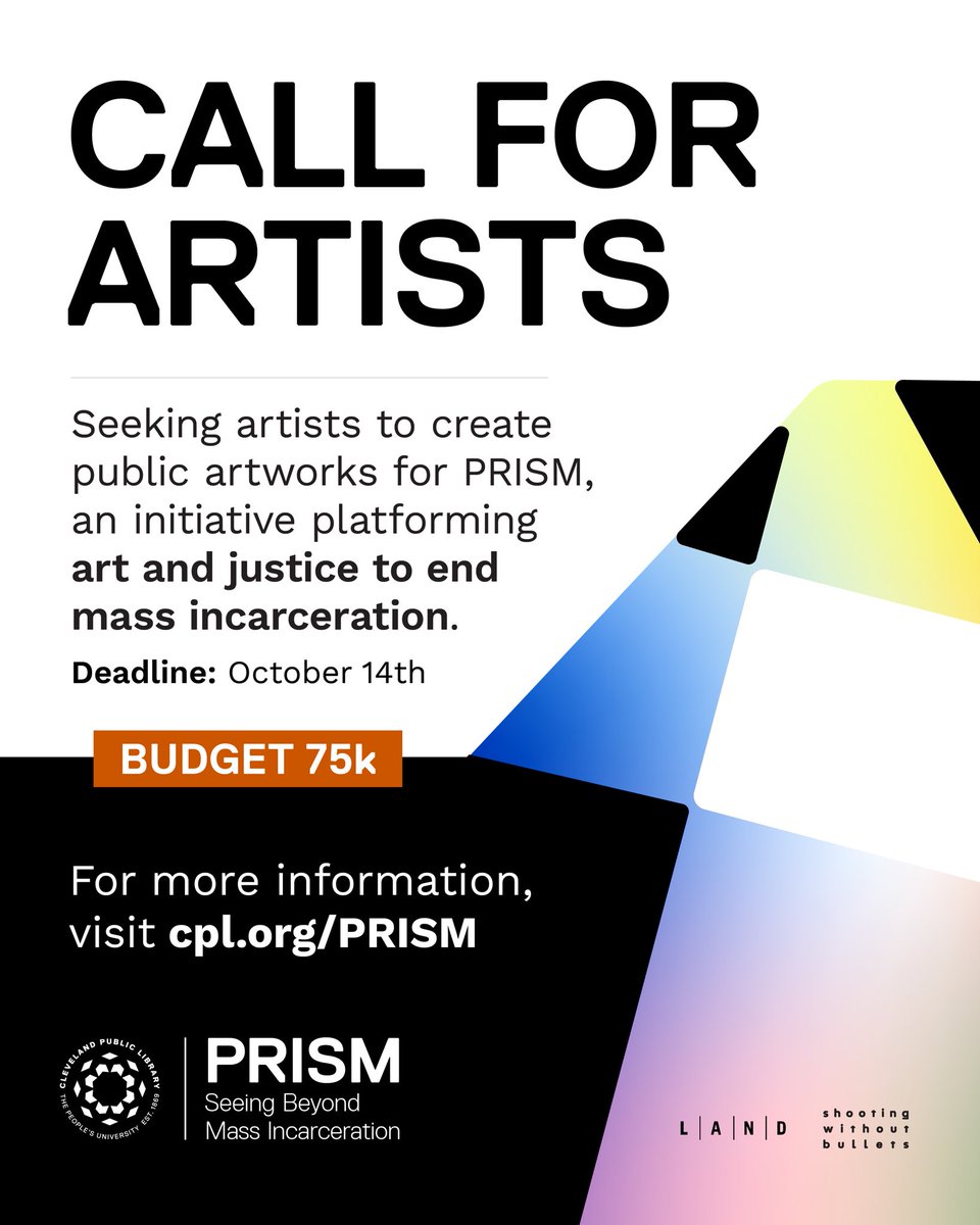 cleveLANDstudio (@clevelandstudio) on Twitter photo 📣 OPEN CALL - Artists are invited to submit their qualifications to create public artworks for PRISM, a <a href="/Cleveland_PL/">Cleveland Public Library</a> initiative platforming art and justice to end mass incarceration.
To view full call, visit: land-studio.org/projects/prism… 📣 OPEN CALL - Artists are invited to submit their qualifications to create public artworks for PRISM, a <a href="/Cleveland_PL/">Cleveland Public Library</a> initiative platforming art and justice to end mass incarceration.
To view full call, visit: land-studio.org/projects/prism…